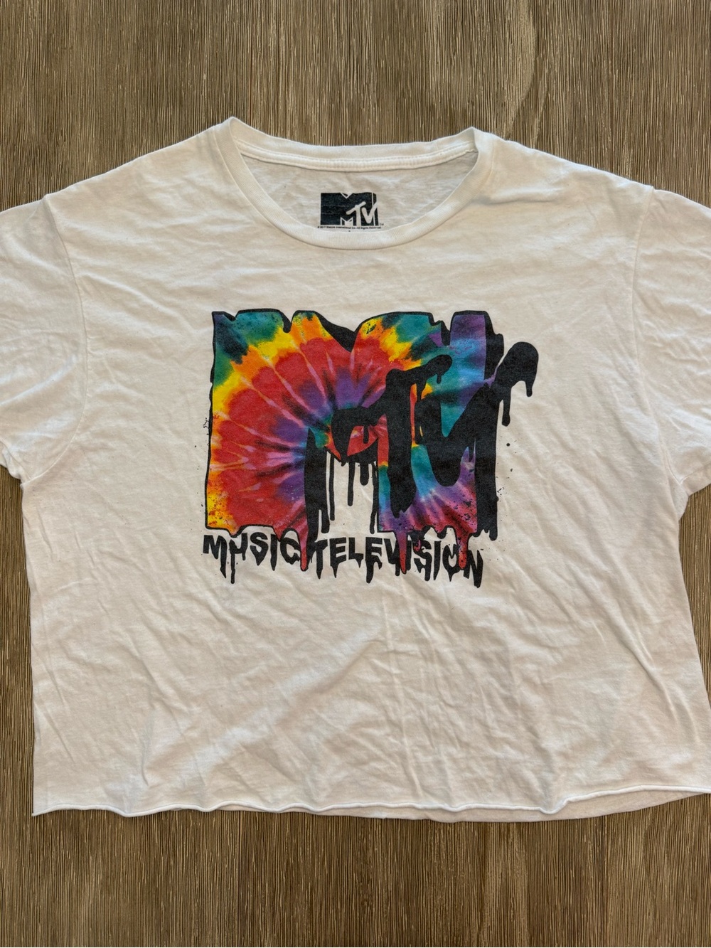 MTV Rainbow Tie Dye Drip Graphic White Cropped T-Shirt Size Large